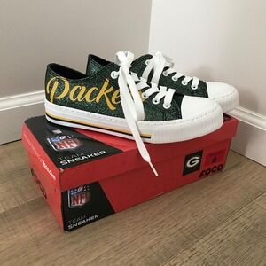 Green Bay Packers Sneakers Shoes Womens Size 6 Green Foco Low Top Canvas Glitter